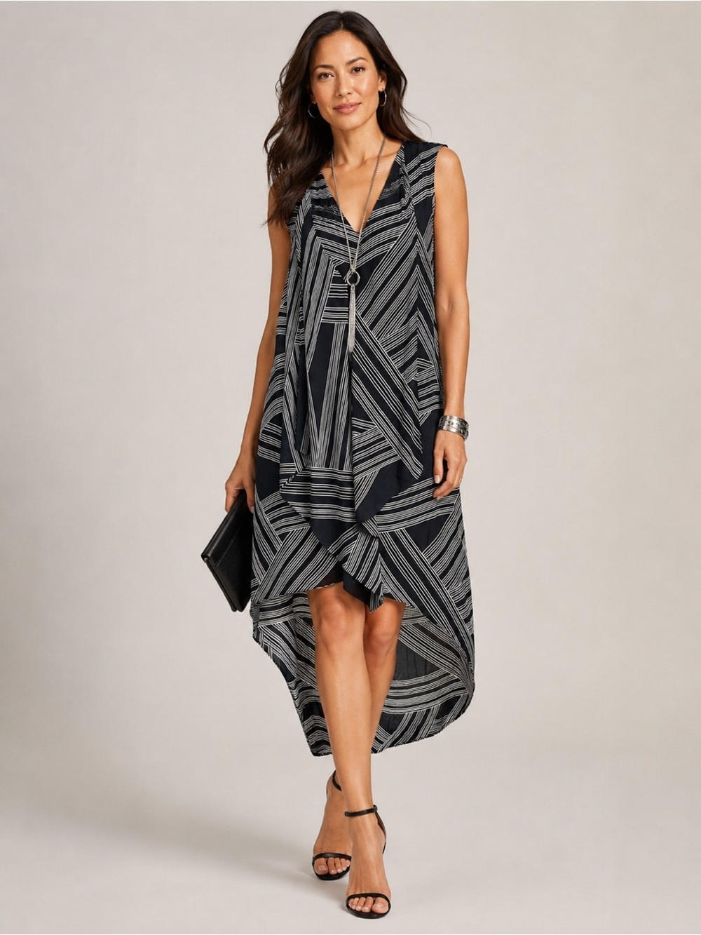 BCBGMAXAZRIA Blk White Geometric Stripe Asymmetrical High-Low Sleeveless Dress M